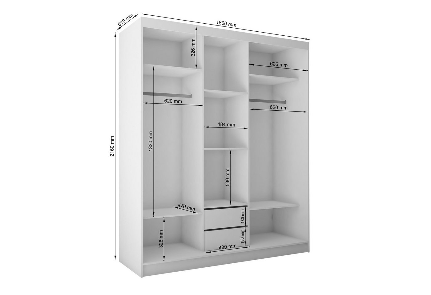 Masseno Schwebetürenschrank VITALE 180 cm Kleiderschrank mit Spiegel 3 Türen Weiß Bild 2