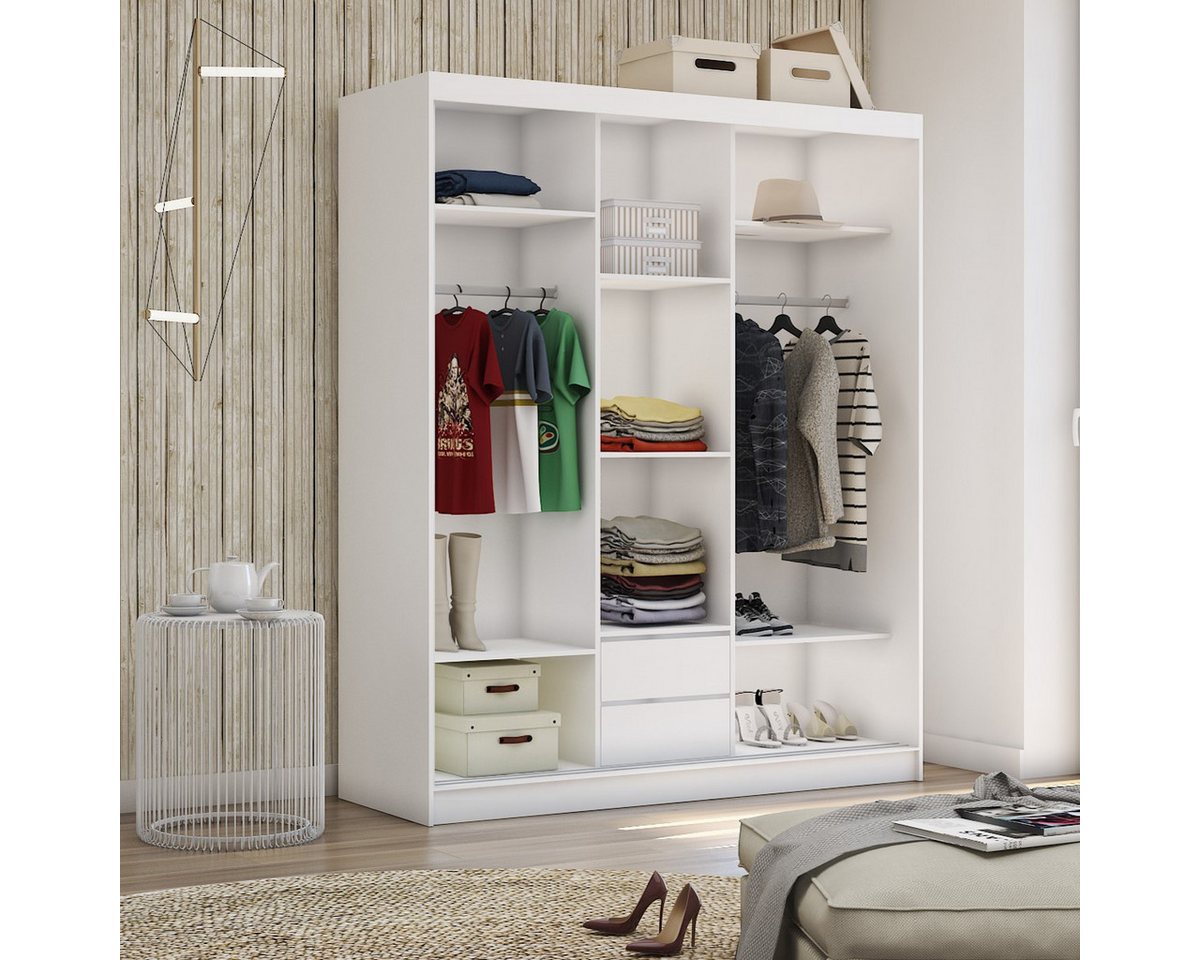 Masseno Schwebetürenschrank VITALE 180 cm Kleiderschrank mit Spiegel 3 Türen Weiß Bild 3