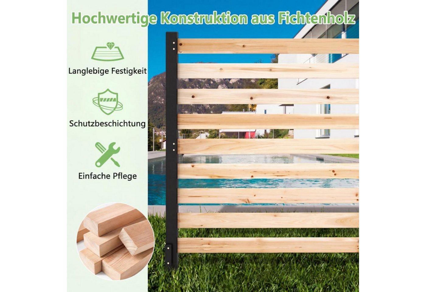 COSTWAY Gartenzaun, Sichtschutzzaun aus Holz, Lamellenzaun mit 4 Pfählen Bild 2