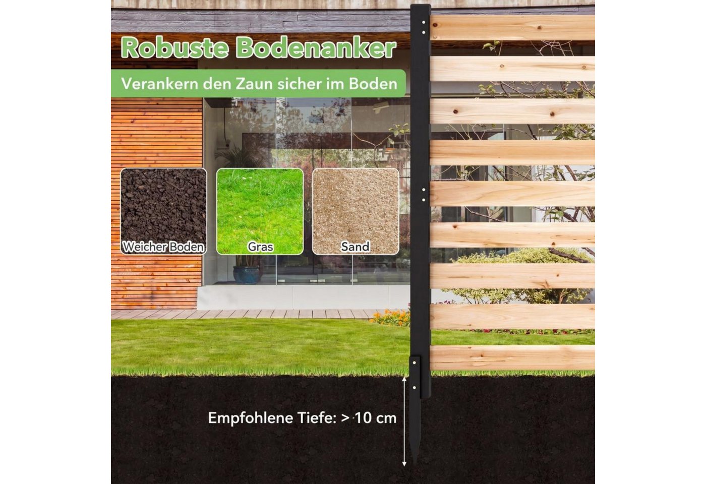 COSTWAY Gartenzaun, Sichtschutzzaun aus Holz, Lamellenzaun mit 4 Pfählen Bild 5