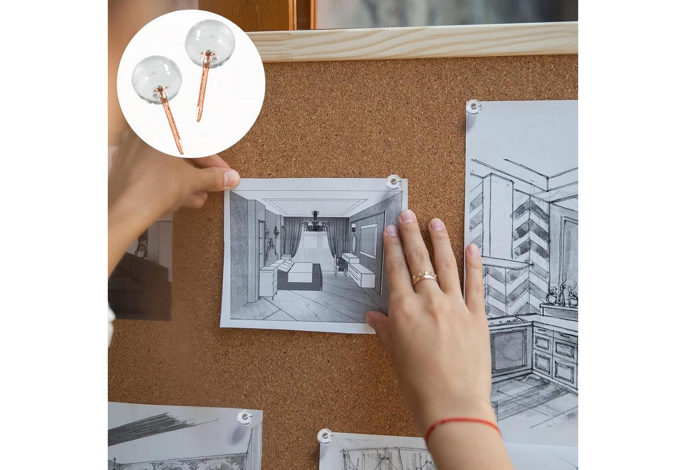FOUORTUNATE-BEE Pinnnadel 100 Transparente Reißzwecken mit Box, Pinnwandnadeln Klar Set, Für Büro, Schule, Zuhause, Fotos, Karten und Notizwände Bild 3