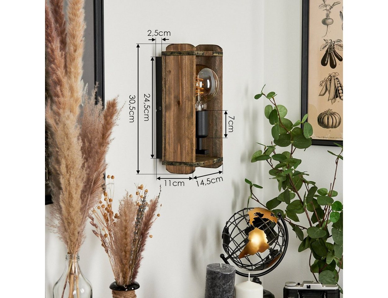 hofstein Wandleuchte »Atid« Vintage Wandlampe aus Metall/Holz in Schwarz/Natur, ohne Leuchtmittel, 1x E27, Wandspot im angesagten Retro Design aus Echtholz