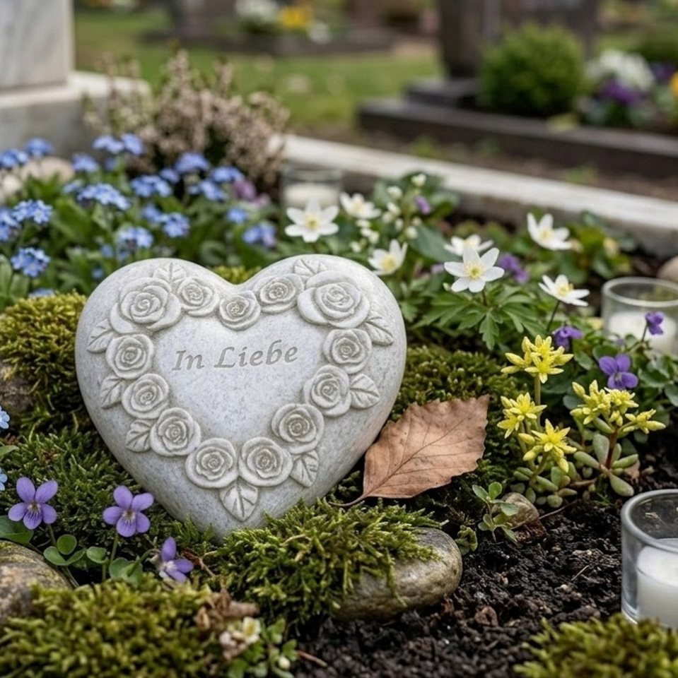 Radami Gartenfigur Grabherz Gedenkstein mit Rosenherz "In Liebe" 8cm