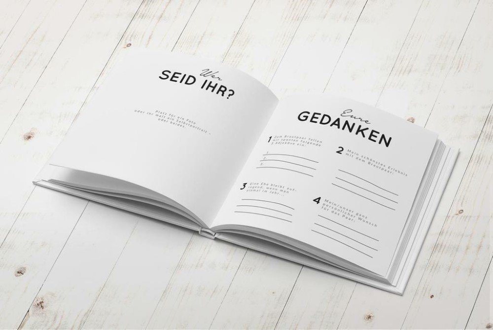 bigdaygraphix Notizbuch Hochzeits-Gästebuch Schwarz-Weiß 22x22 Quadrat, Fragen, Vorgefertigte Fragen für besondere Einträge. Bild 2