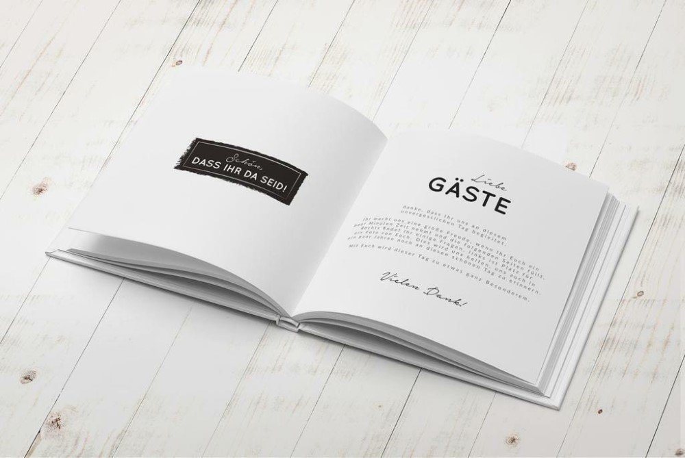 bigdaygraphix Notizbuch Hochzeits-Gästebuch Schwarz-Weiß 22x22 Quadrat, Fragen, Vorgefertigte Fragen für besondere Einträge. Bild 3