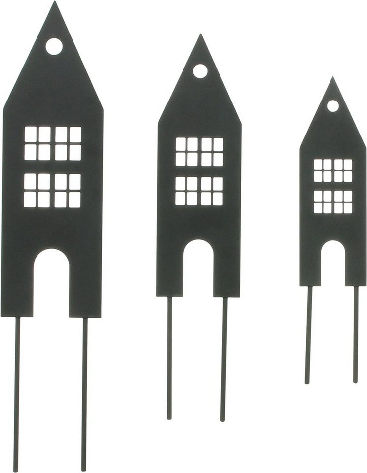 Dekoleidenschaft Gartenstecker "Haus" aus Metall, mattschwarz, 20 + 25 + 30 cm hoch, Dekostecker (3-St., im Set) Blumenstecker, Pflanzenstecker, Metallstecker, Stecker für Blumentopf