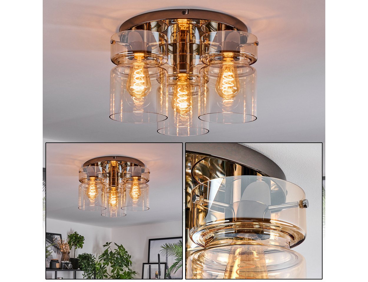 hofstein Deckenleuchte 3-flammige Deckenlampe aus Metall/Glas in Chrom/Bernsteinfarben/Klar, ohne Leuchtmittel, Leuchte im Retro/Vintage-Design (Schirme Ø 15 cm), E27, Esszimmer Bild 3