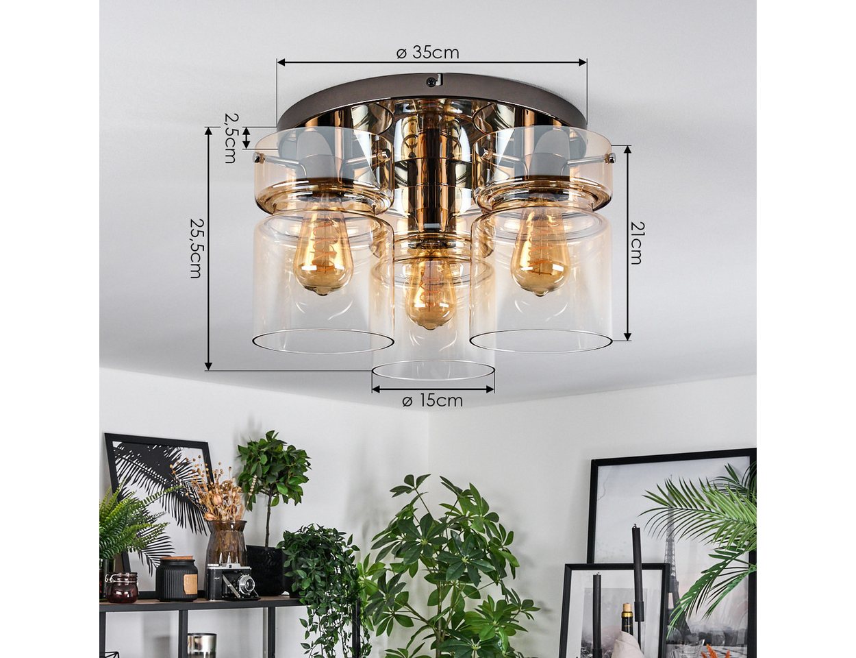 hofstein Deckenleuchte 3-flammige Deckenlampe aus Metall/Glas in Chrom/Bernsteinfarben/Klar, ohne Leuchtmittel, Leuchte im Retro/Vintage-Design (Schirme Ø 15 cm), E27, Esszimmer Bild 5