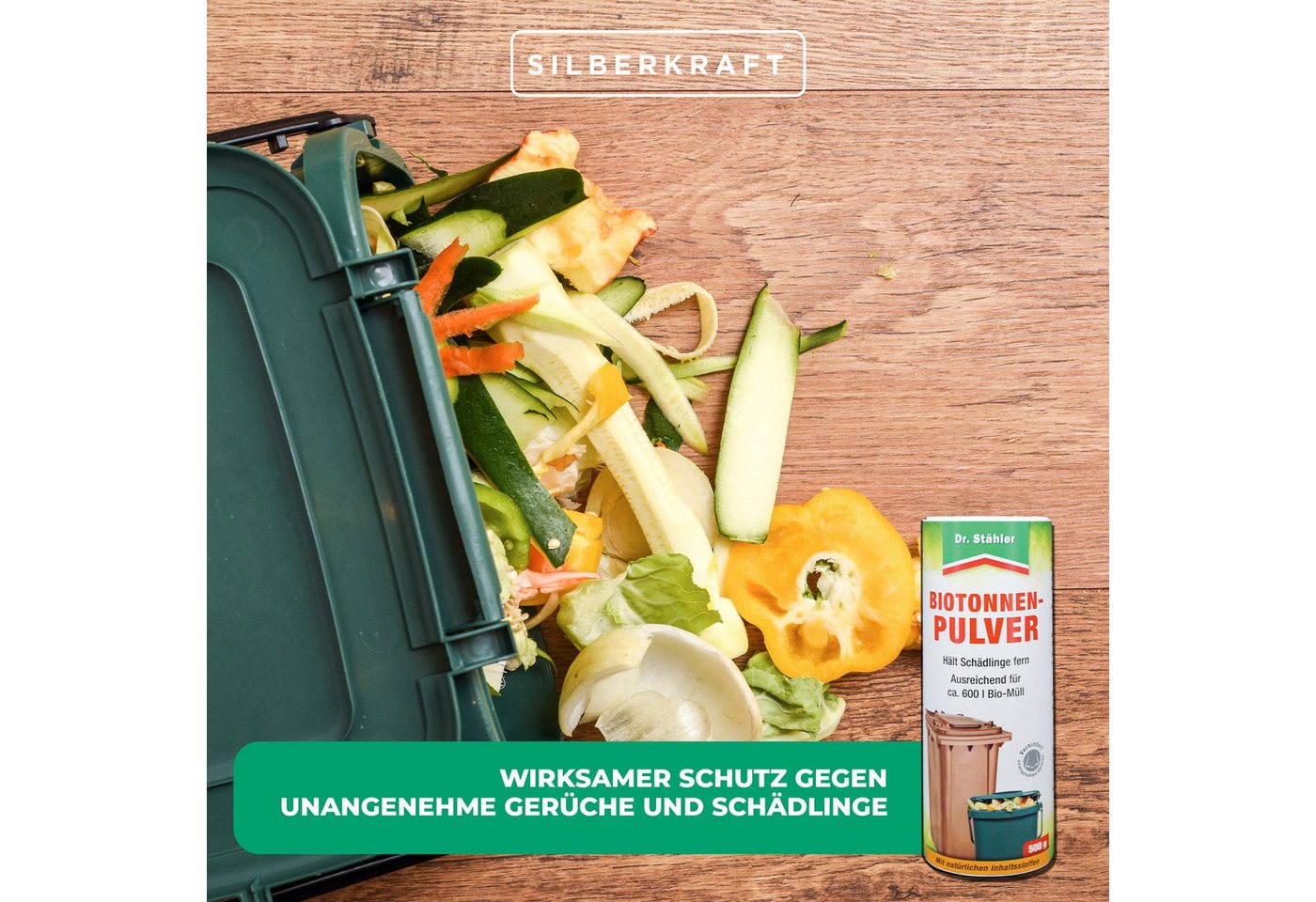Dr. Stähler Biotonnenpulver Bio-Tonnenpulver gegen unangenehme Gerüche und Schädlinge, 500 g, Einfache Anwendung Vielseitig einsetzbar Effektiver Schutz vor Maden, Effektiver Schutz, enthält Calciumcarbonat, Bindet Flüssigkeiten