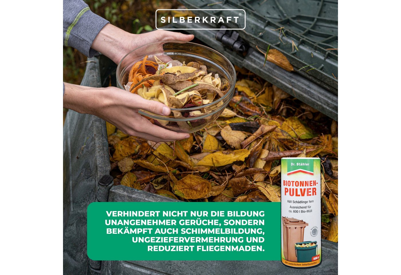 Dr. Stähler Biotonnenpulver Bio-Tonnenpulver gegen unangenehme Gerüche und Schädlinge, 500 g, Einfache Anwendung Vielseitig einsetzbar Effektiver Schutz vor Maden, Effektiver Schutz, enthält Calciumcarbonat, Bindet Flüssigkeiten Bild 2