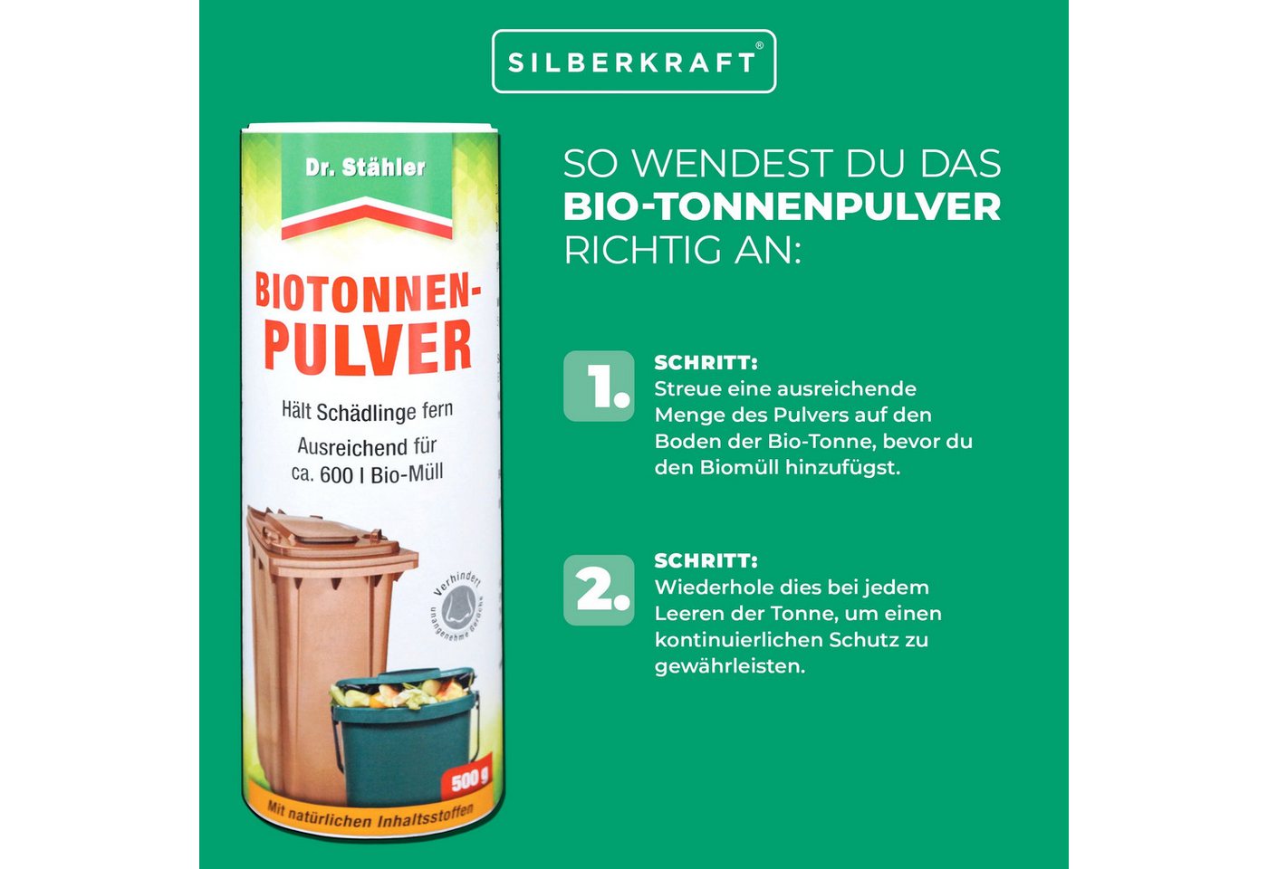 Dr. Stähler Biotonnenpulver Bio-Tonnenpulver gegen unangenehme Gerüche und Schädlinge, 500 g, Einfache Anwendung Vielseitig einsetzbar Effektiver Schutz vor Maden, Effektiver Schutz, enthält Calciumcarbonat, Bindet Flüssigkeiten Bild 5