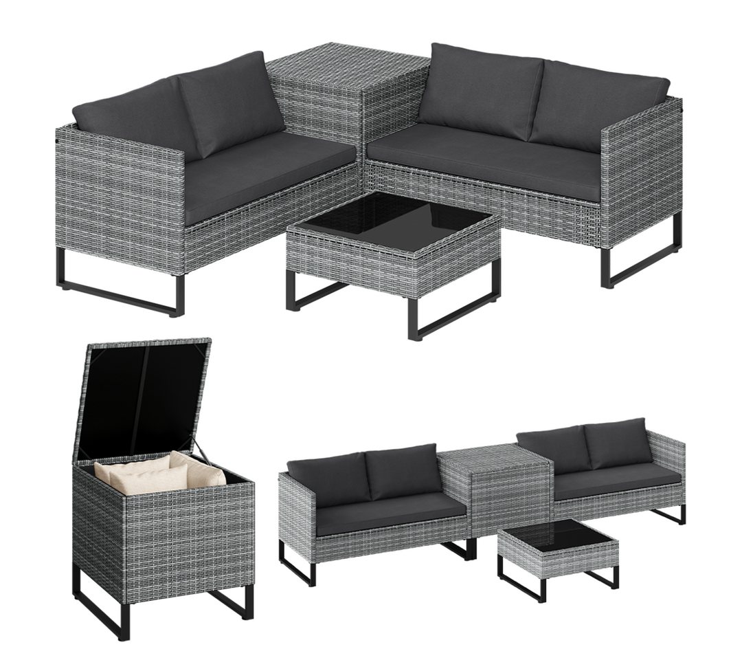 STEELSØN Gartenlounge-Set Alniyat mit 2 Sofas und Tisch, (grau-meliert/anthrazit, aus Polyrattan/Metall, mit Aufbewahrungsbox), Outdoor Sitzgruppe, für 4 Personen, inkl. Kissen & Polster