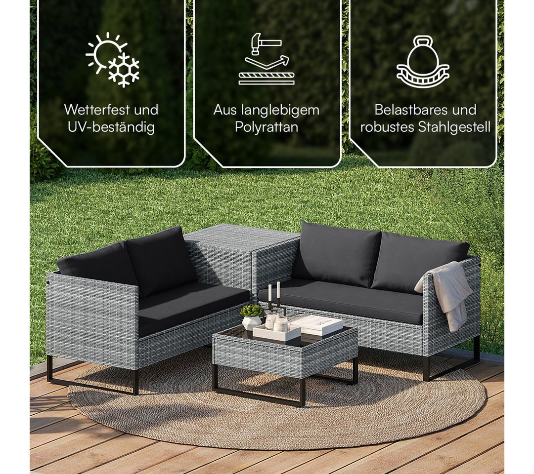 STEELSØN Gartenlounge-Set Alniyat mit 2 Sofas und Tisch, (grau-meliert/anthrazit, aus Polyrattan/Metall, mit Aufbewahrungsbox), Outdoor Sitzgruppe, für 4 Personen, inkl. Kissen & Polster Bild 3
