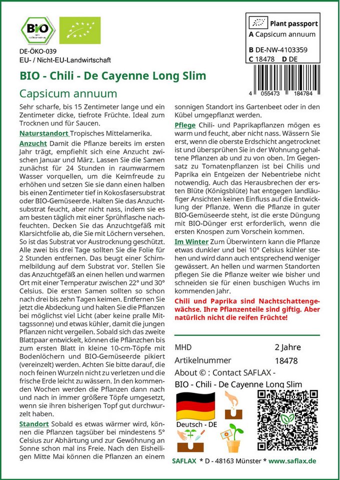 SAFLAX Gemüsesamen SAFLAX - Samen - BIO - Chili - De Cayenne Long Slim