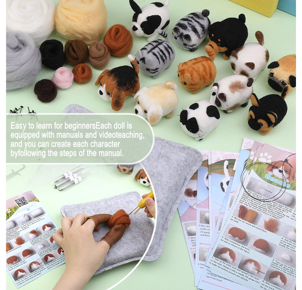 CLTYQ Kreativset 12-teiliges DIY Nadel-Filzset, Tierherstellung, Nadel-Filz-Kitsm, mit Filzanleitung, Nadel-Filzen Starterset mit grundlegenden Bild 3