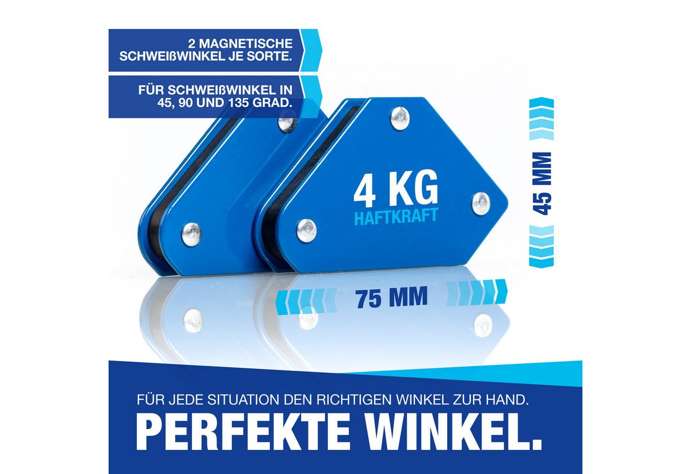 NTG Nutzfahrzeug Technik GmbH Magnet-Schweißwinkel Set 6 Stück mit hoher Haftkraft Schweißzubehör Winkelmagnet zum Heften, Magnetwinkel mit 30°, 45°, 60°, 75°, 90°, 135°
