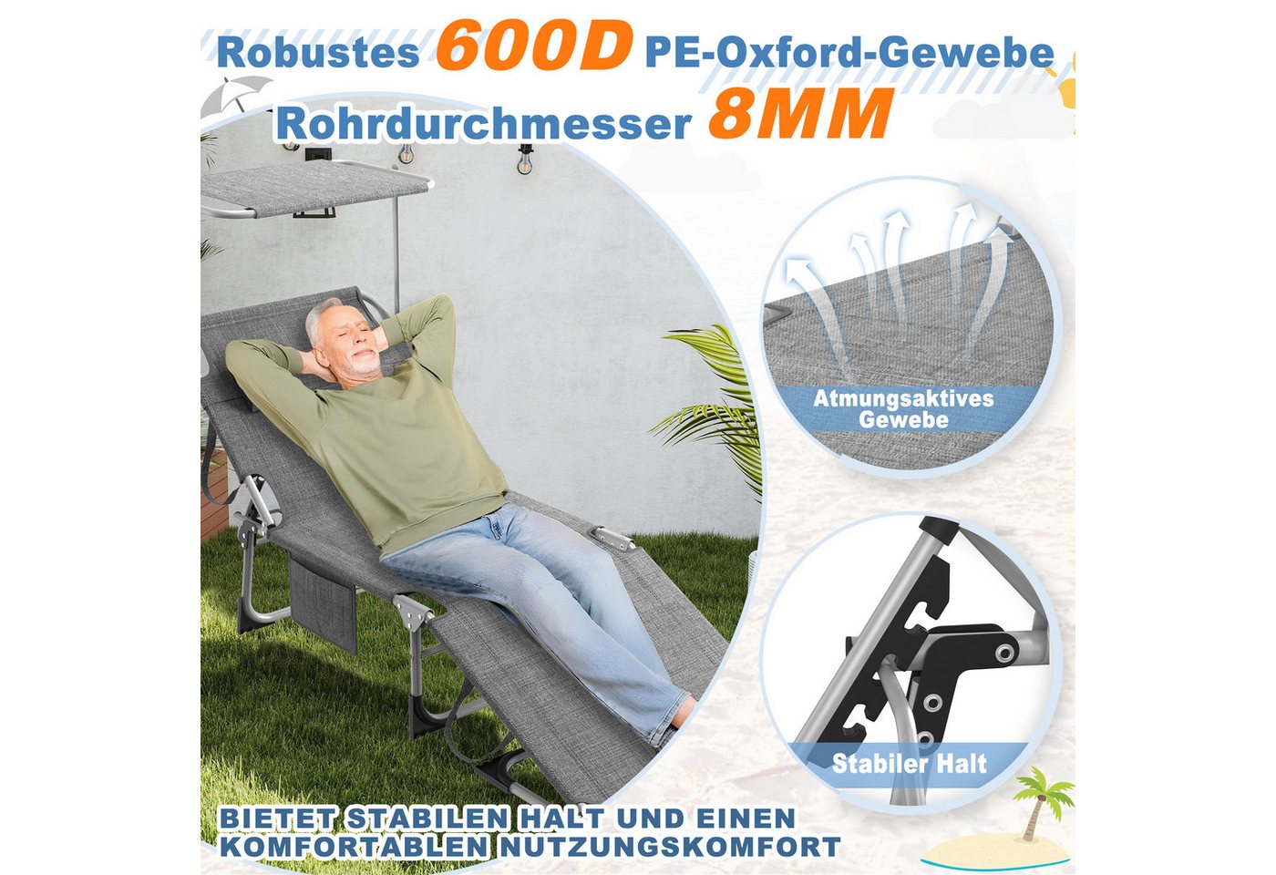 FIVMEN Gartenliege Sonnenliege Liegestuhl Garten Balkon Mit Sonnenschutz Klappbar Leicht, 2 St., Terrassen Liege Mit Dach Kopfkissen Tragegriffe Seitentasche