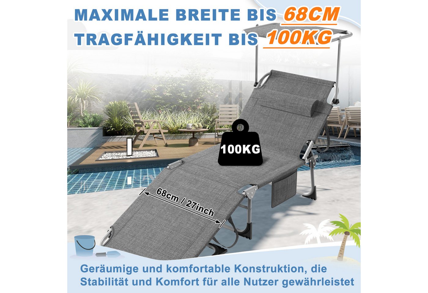 FIVMEN Gartenliege Sonnenliege Liegestuhl Garten Balkon Mit Sonnenschutz Klappbar Leicht, 2 St., Terrassen Liege Mit Dach Kopfkissen Tragegriffe Seitentasche Bild 3