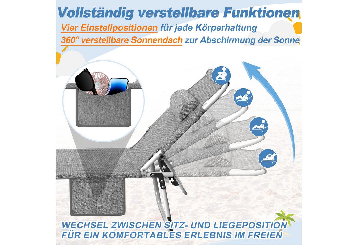FIVMEN Gartenliege Sonnenliege Liegestuhl Garten Balkon Mit Sonnenschutz Klappbar Leicht, 2 St., Terrassen Liege Mit Dach Kopfkissen Tragegriffe Seitentasche Bild 4