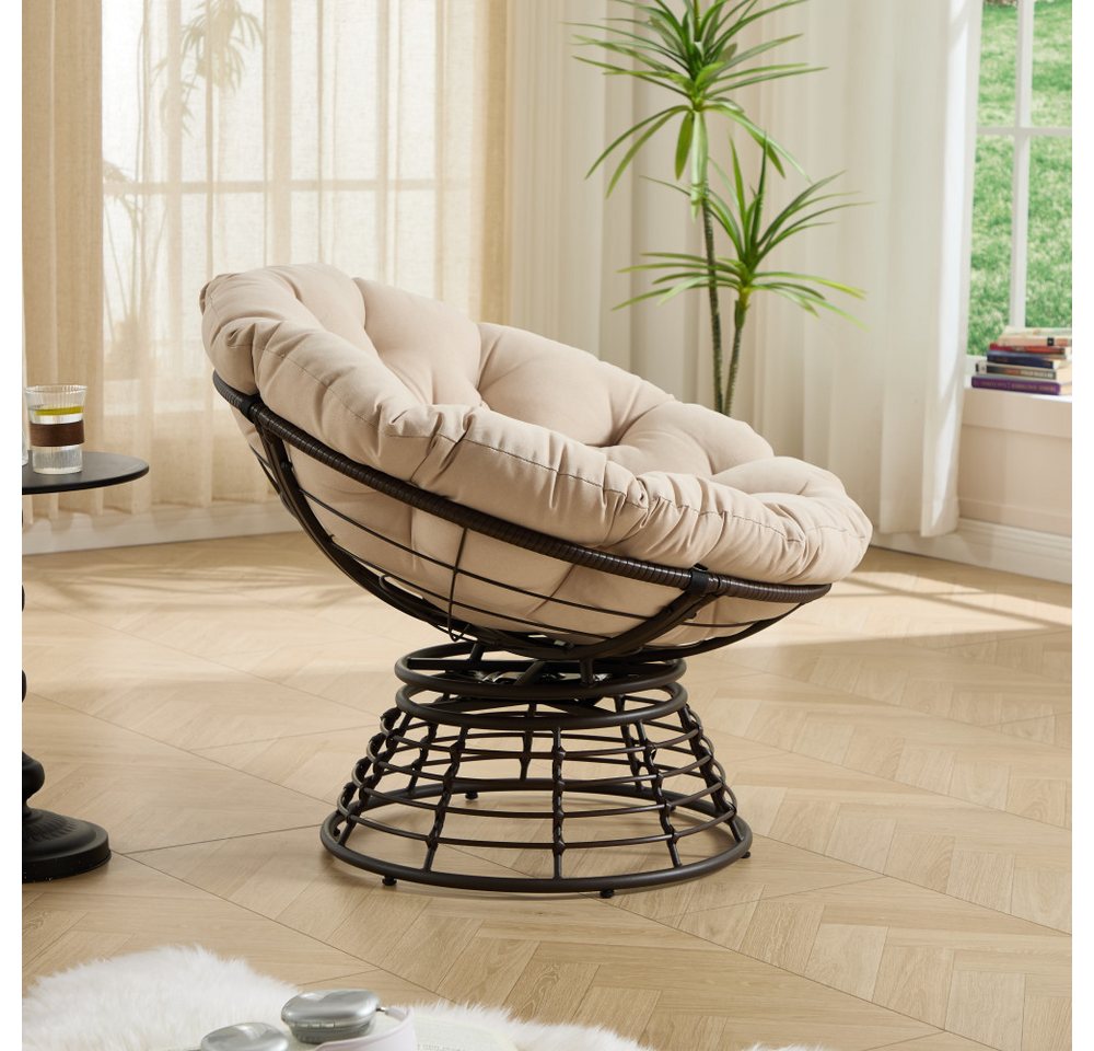 BBG Gartensessel Papasan Sessel mit 360° Drehfunktion, ergonomischer (Rattan Lounge Sessel mit extra dickem Kissen,Indoor Outdoor Drehsessel), bequemer Lesesessel für Wohnzimmer & Balkon