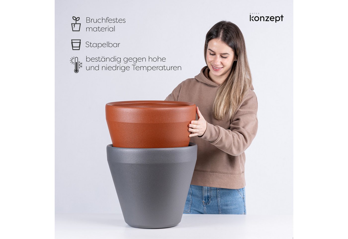 KONZEPT Übertopf Ø 40 cm aus Kunststoff, 30 L, in Ton-Optik, für Innen & Außen, Leicht, Ohne Drainagesystem, Wetterfest