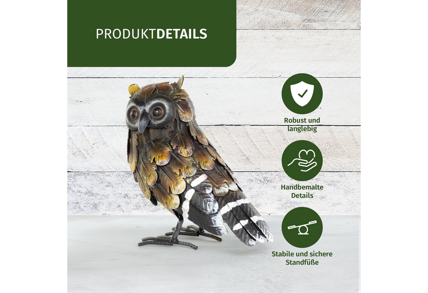 Moritz Gartenfigur Eulenfigur Gelb-Braun H 22 cm Ohreneule Metall handbemalt Landhausstil, (1 St), Indoor und Outdoor Bild 3