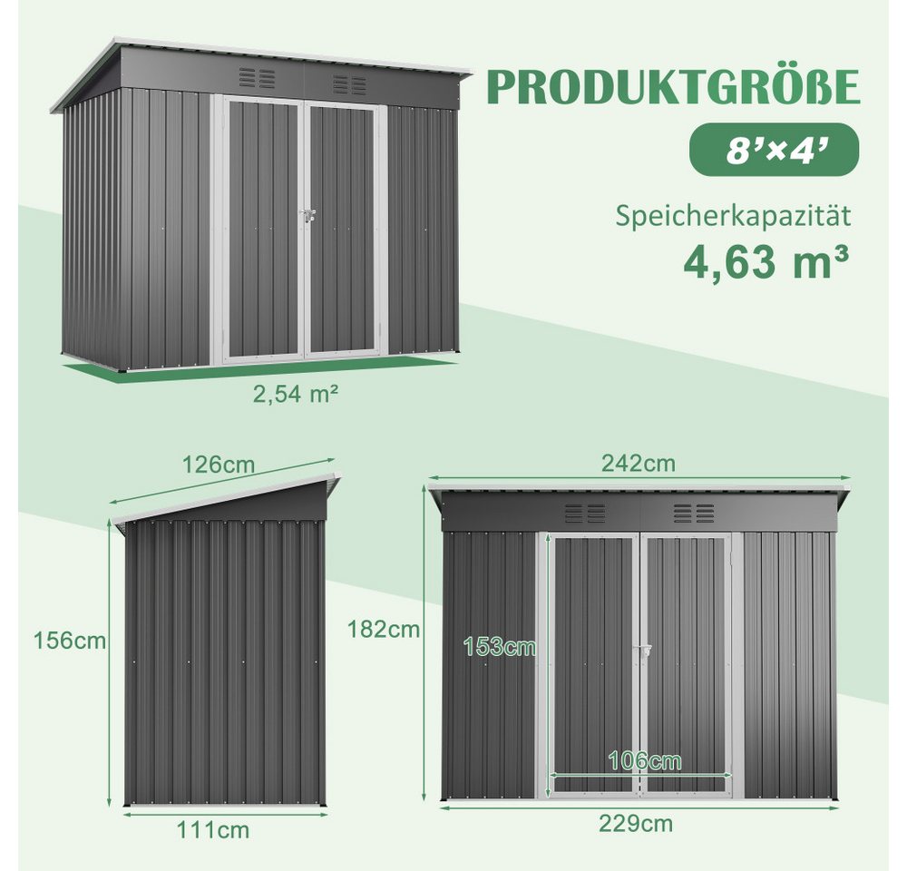 BBWL Gerätehaus mit Pultdach, Gartenhaus abschließbar, wetterfest mit Belüftung, BxT: 242x126 cm, Metall Gerätehaus 8x4 Fuß, Stauraum für Gartenwerkzeuge Bild 3