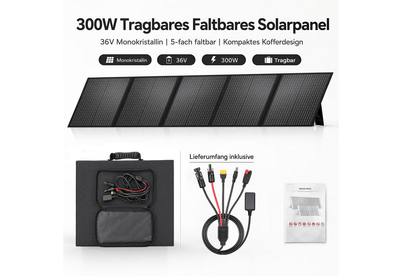 GLIESE Solarmodul 36V 300W Solarpanel für Camping Wohnmobil Boot, (300W Tragbares Solarpanel, 4-in-1 Ausgangskabel) Bild 5