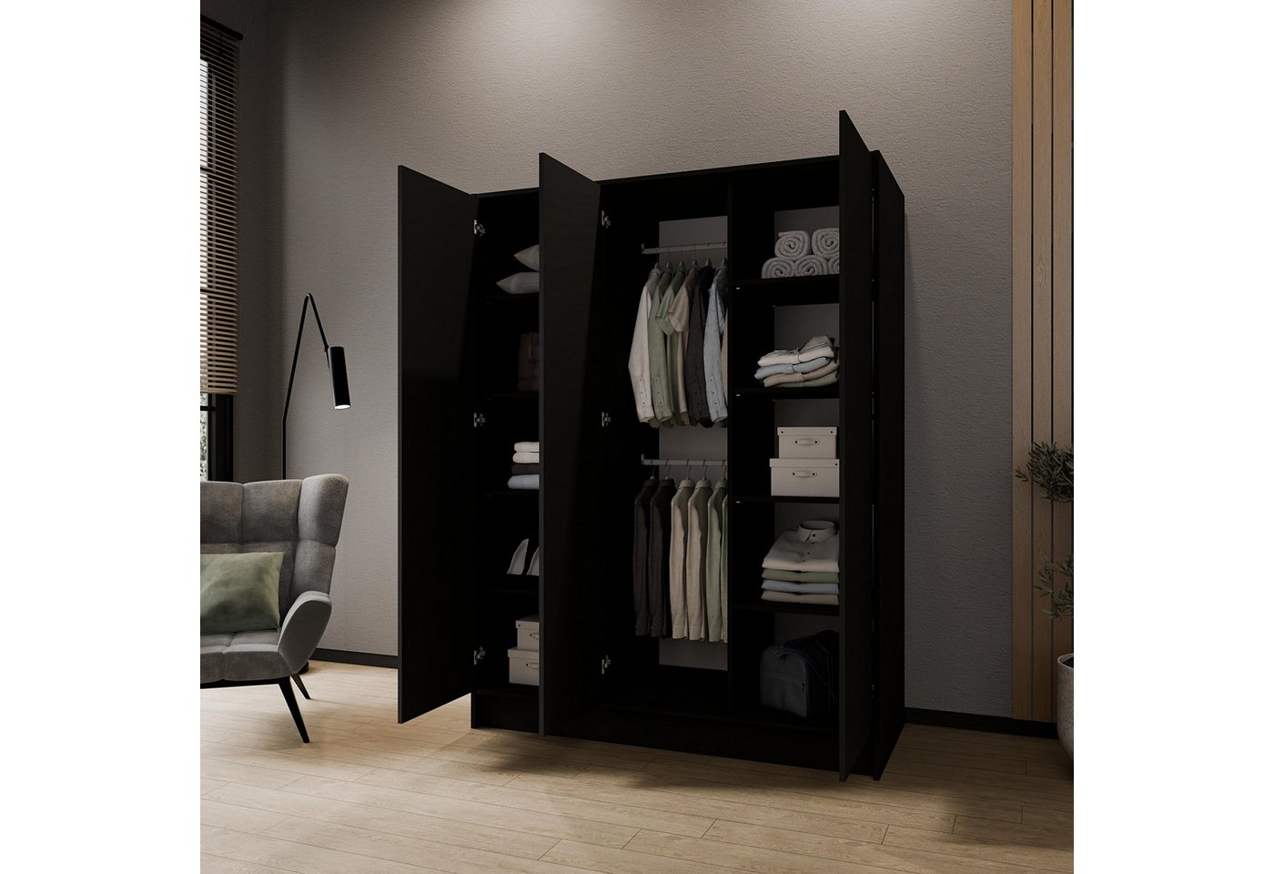 Masseno Drehtürenschrank VELAR 150 cm Kleiderschrank 3 Türen Schlafzimmerschrank Schwarz