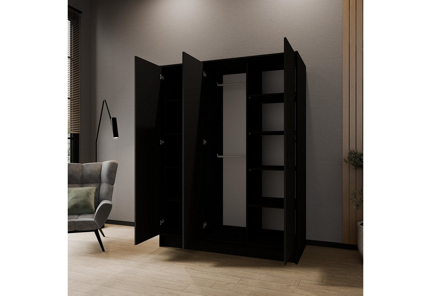 Masseno Drehtürenschrank VELAR 150 cm Kleiderschrank 3 Türen Schlafzimmerschrank Schwarz Bild 3