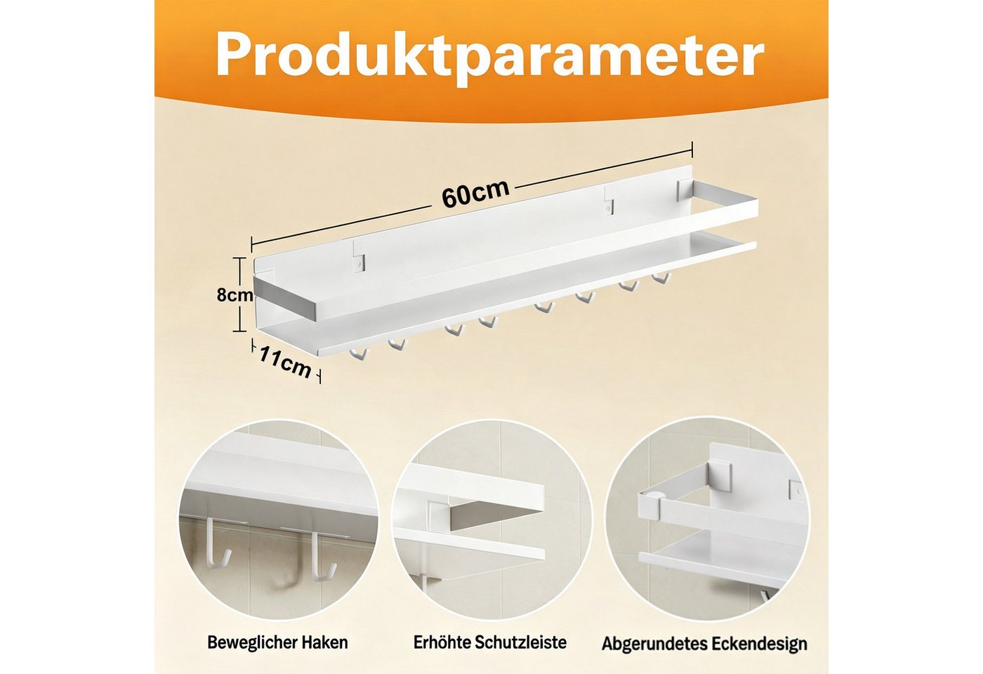 devesanter Gewürzregal 2‑er Set wandmontierte Gewürzregale, 60 cm, mit 8 Haken, 2-tlg., Metall Wandregal für Küche, Bad und Balkon Bild 2