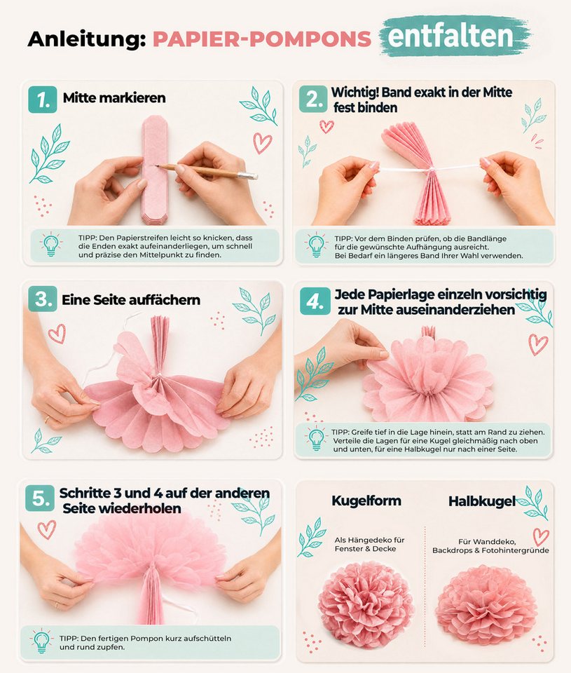 Creativery Pompon, 10 Papier Pompons 35cm SET
