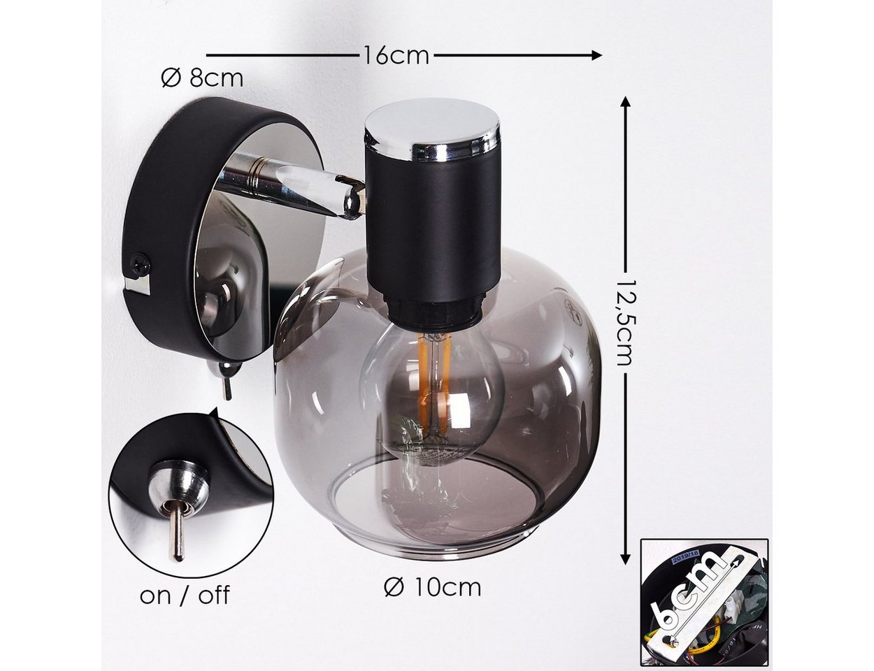 hofstein Wandleuchte »Perito« Wandlampe aus Metall/Glas in Schwarz/chrom/Rauchglas, ohne Leuchtmittel, E14, verstellbarer Wandspot m. An-/ Ausschalter Bild 3