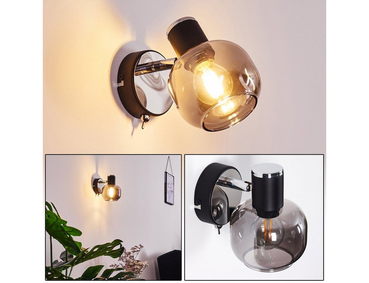hofstein Wandleuchte »Perito« Wandlampe aus Metall/Glas in Schwarz/chrom/Rauchglas, ohne Leuchtmittel, E14, verstellbarer Wandspot m. An-/ Ausschalter Bild 4