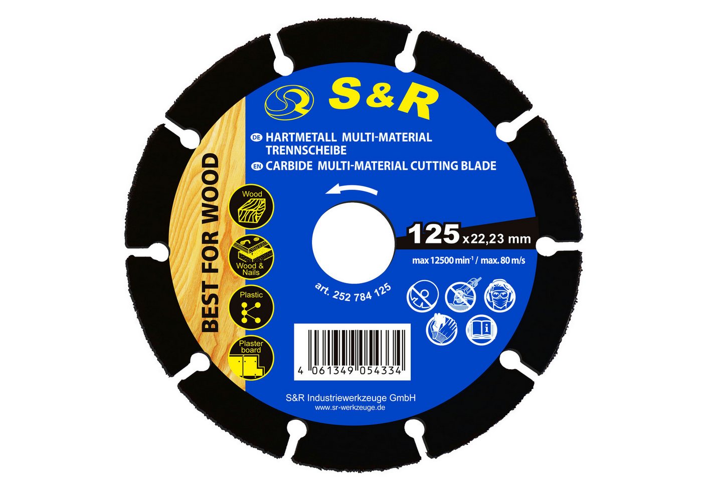 S&R Diamanttrennscheibe Karbid Hartmetall Trennscheibe 125 x 22,23 mm, Multi-Material für alle, Ø 125 mm, Arten von Holz, Holz mit Nägel, Plastik und Gipskarton Bild 4