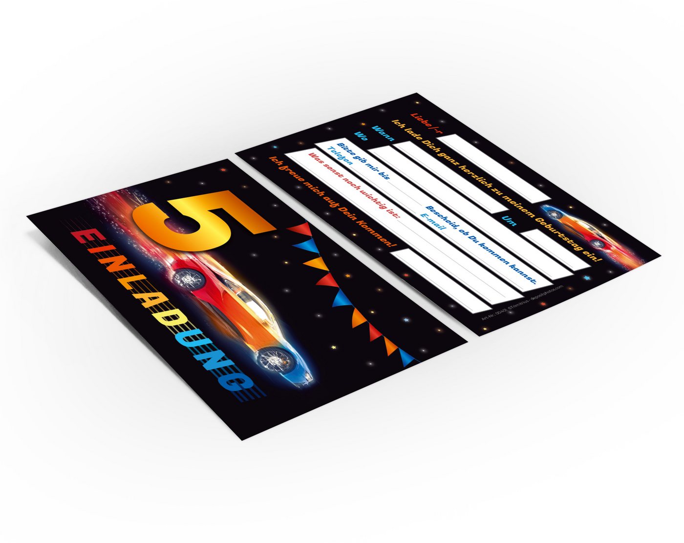 JUNAPACK Einladungskarten Auto zum 5. Kindergeburtstag Jungen Einladungen Rennauto Karte, Einladungskarten mit einem Auto Motiv zum 5. Geburtstag