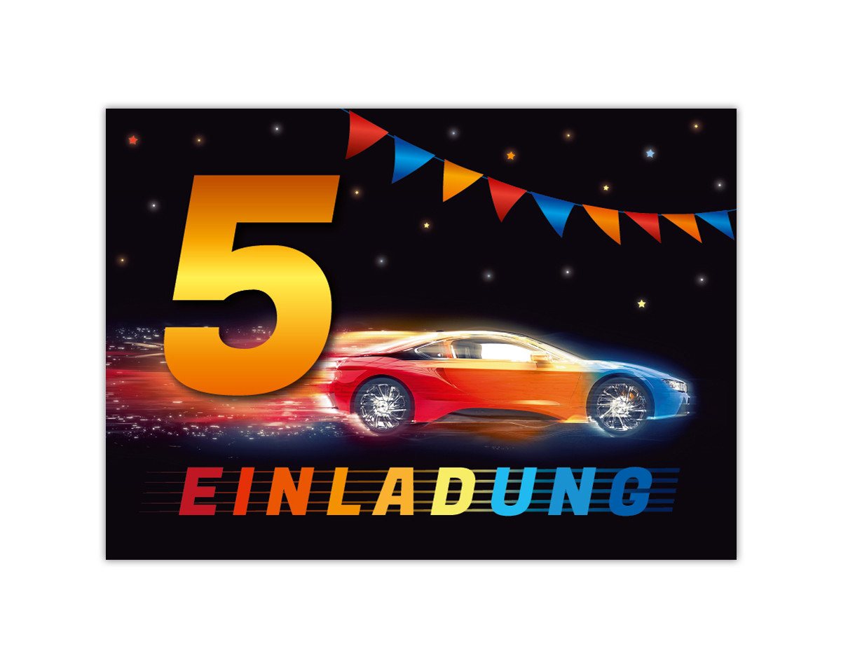 JUNAPACK Einladungskarten Auto zum 5. Kindergeburtstag Jungen Einladungen Rennauto Karte, Einladungskarten mit einem Auto Motiv zum 5. Geburtstag Bild 2