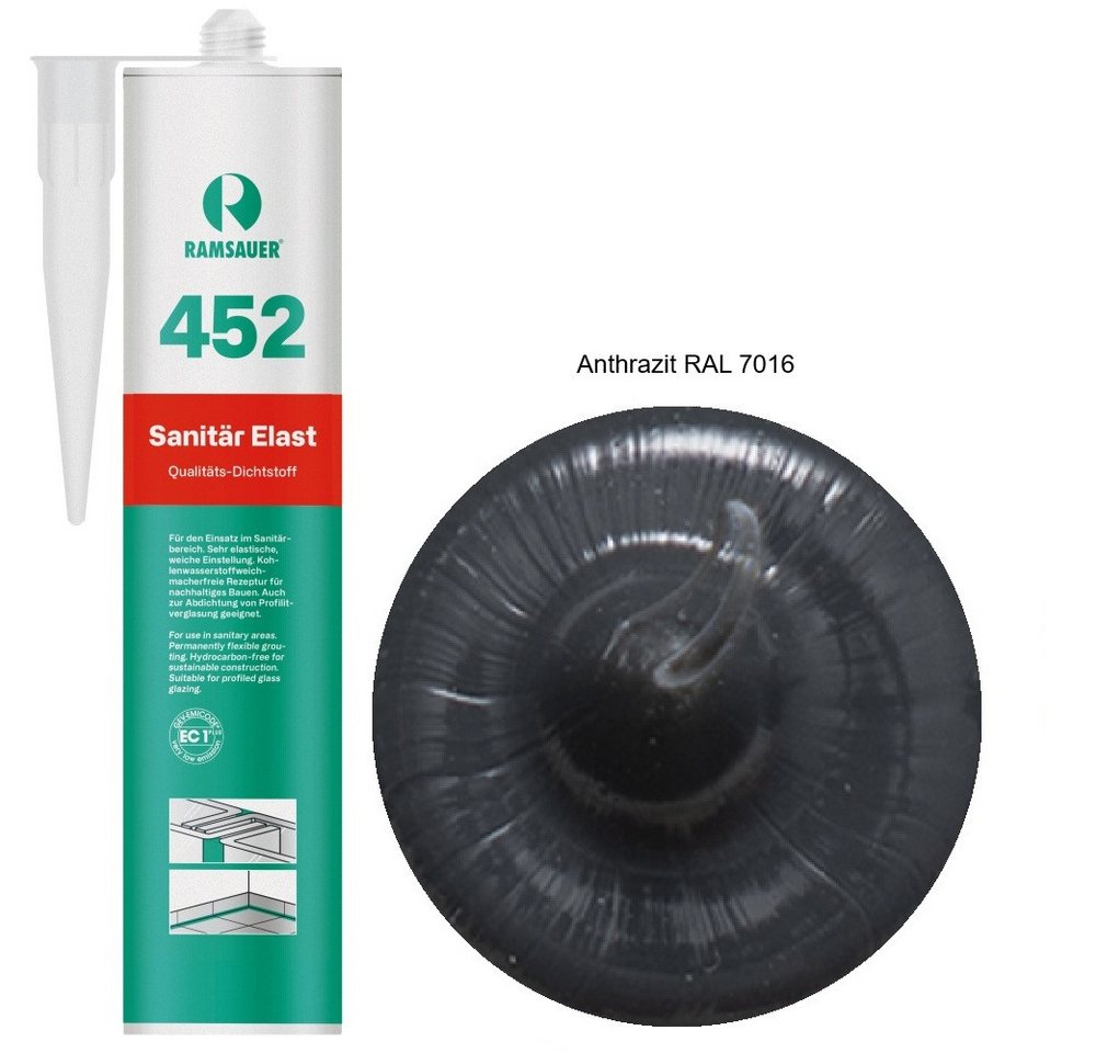 Ramsauer Dichtstoff Ramsauer 452 Sanitär Elast Silikon 310ml Kartusche Anthrazit RAL 7016, gebrauchsfertig, Gute Haftung auf glatten Oberflächen, Innen und Aussen