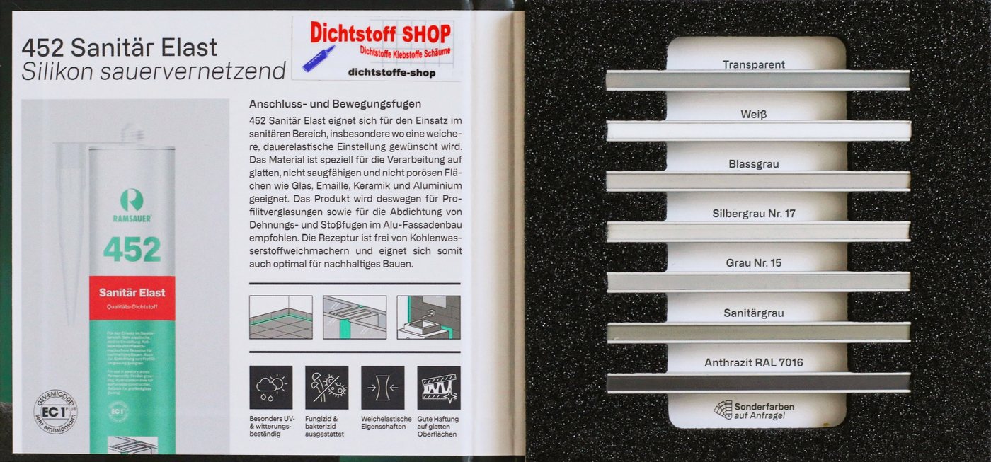 Ramsauer Dichtstoff Ramsauer 452 Sanitär Elast Silikon 310ml Kartusche Anthrazit RAL 7016, gebrauchsfertig, Gute Haftung auf glatten Oberflächen, Innen und Aussen Bild 2