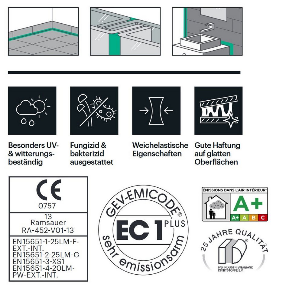 Ramsauer Dichtstoff Ramsauer 452 Sanitär Elast Silikon 310ml Kartusche Anthrazit RAL 7016, gebrauchsfertig, Gute Haftung auf glatten Oberflächen, Innen und Aussen Bild 4