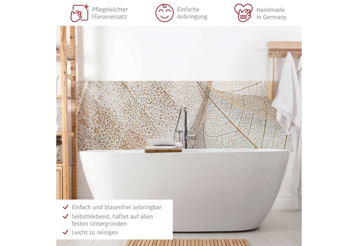 Bilderdepot24 Badrückwand beige fugenlose Wandverkleidung Bad Landhaus, (Hartfolie matt » Selbstklebend PREMIUM 0,61 mm), wasserfestes Wandpaneel Filigrane Blattstruktur Gold Bild 3