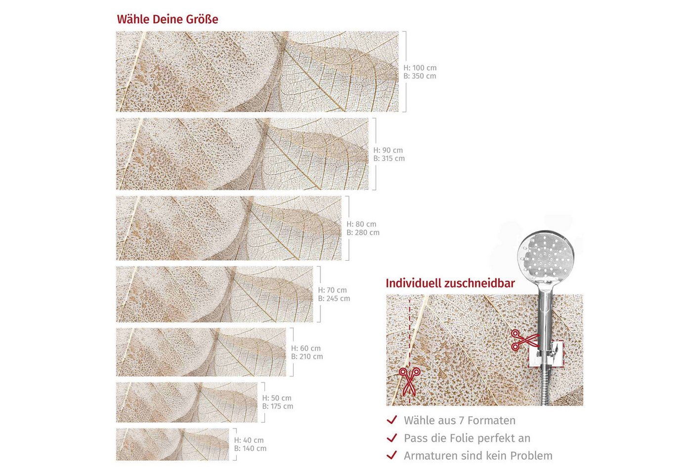 Bilderdepot24 Badrückwand beige fugenlose Wandverkleidung Bad Landhaus, (Hartfolie matt » Selbstklebend PREMIUM 0,61 mm), wasserfestes Wandpaneel Filigrane Blattstruktur Gold Bild 4