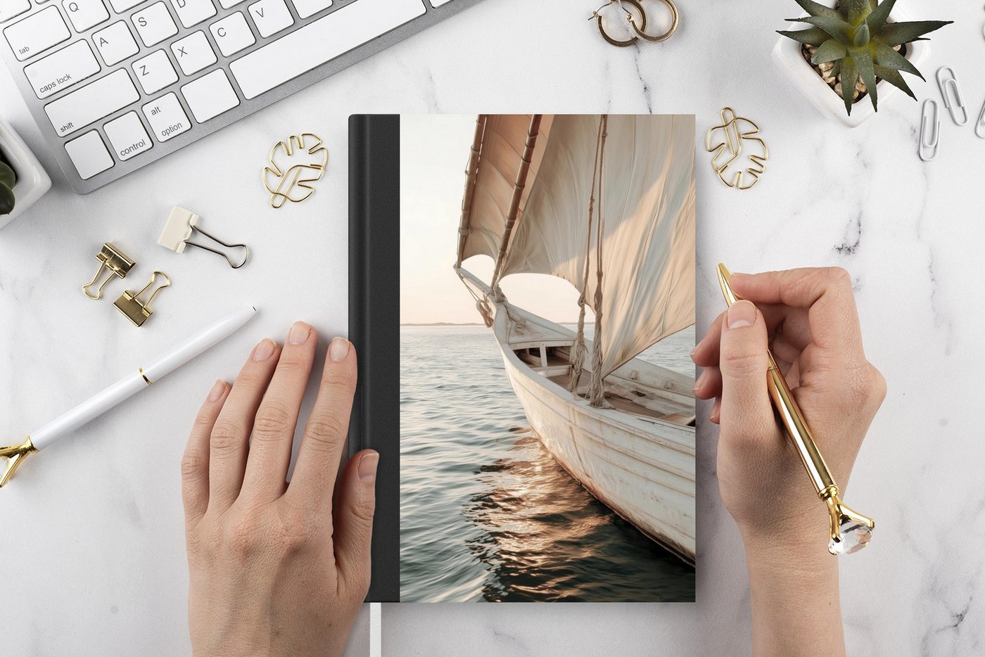MuchoWow Notizbuch Segelboot - Meer - Beige - Sonne, Notebook, Notizblock a5, Tagebuch, Journal Liniert