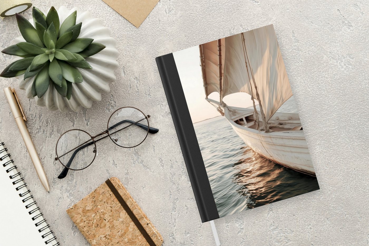 MuchoWow Notizbuch Segelboot - Meer - Beige - Sonne, Notebook, Notizblock a5, Tagebuch, Journal Liniert Bild 2