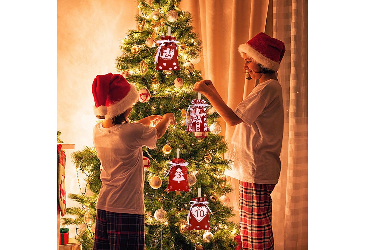 CLTYQ befüllbarer Adventskalender 24 Stück Adventskalender-Taschen,Weihnachts-Countdown-Geschenktüten, Wiederverwendbare Stoff-Geschenktüten mit Kordelzug für DIY Deko
