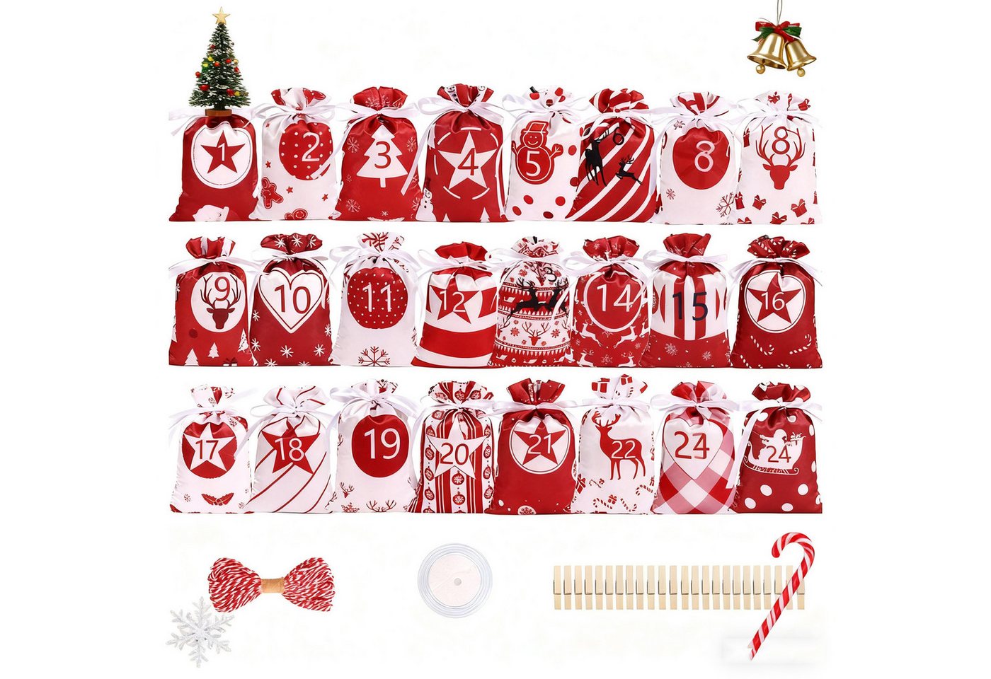 CLTYQ befüllbarer Adventskalender 24 Stück Adventskalender-Taschen,Weihnachts-Countdown-Geschenktüten, Wiederverwendbare Stoff-Geschenktüten mit Kordelzug für DIY Deko Bild 3