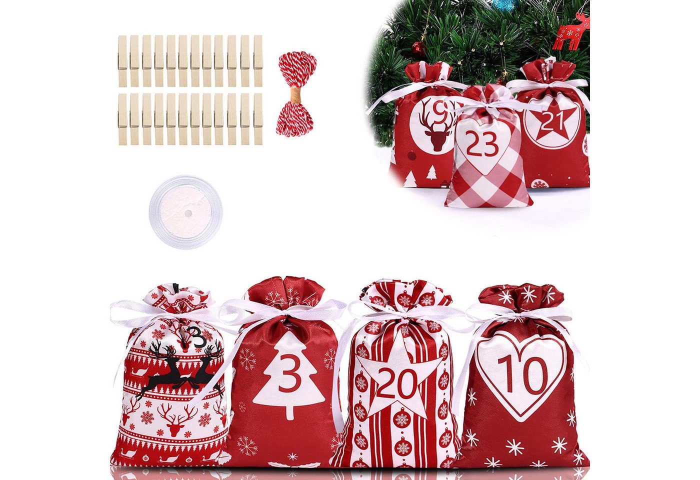 CLTYQ befüllbarer Adventskalender 24 Stück Adventskalender-Taschen,Weihnachts-Countdown-Geschenktüten, Wiederverwendbare Stoff-Geschenktüten mit Kordelzug für DIY Deko Bild 4