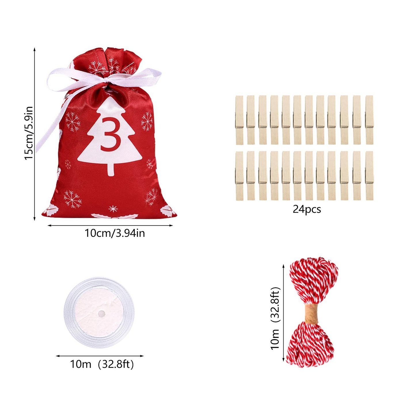CLTYQ befüllbarer Adventskalender 24 Stück Adventskalender-Taschen,Weihnachts-Countdown-Geschenktüten, Wiederverwendbare Stoff-Geschenktüten mit Kordelzug für DIY Deko Bild 5