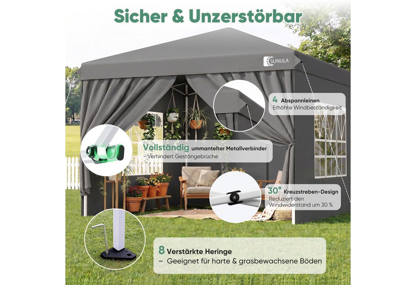 SUNULA Faltpavillon 3x3 m Pavillion Wasserdicht Pop Up Gartenpavillon Winterfest, mit 4 Seitenteilen, (inkl. 4 Seitenteile), Faltpavillon 3x3 mit 4 Seitenteilen Wasserdicht, Pop Up Partyzelt Bild 5