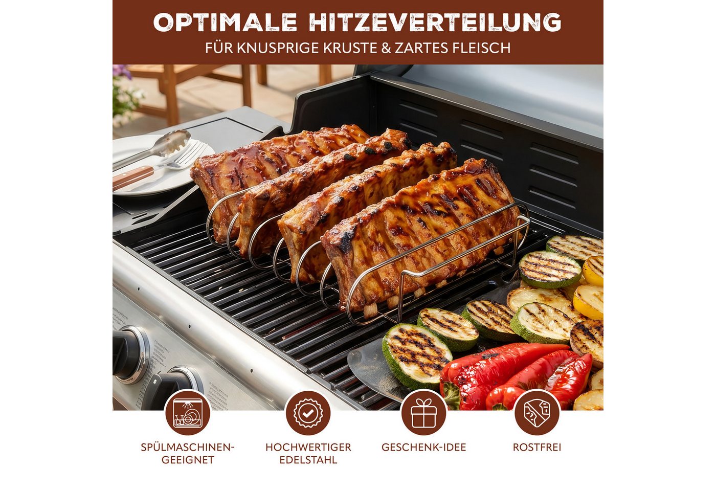 eluno Sparerib-Halter Spare Ribs Halter, aus Edelstahl mit Tragegriffen (1-St), Abstand zwischen den Rippenstäben: ca. 4,5 cm